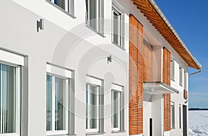 Facade of a modern commercial building shortly after its completion in Winter photo