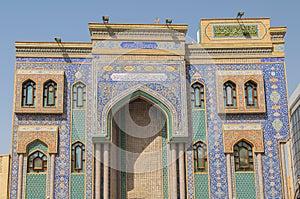Facade with mosaic tilework of Ali bin Abi Talib Iranian Shia Mosque in Bur Dubai, the old city, United Arab Emirates photo