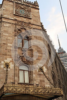 The facade of the Museo Palacio Postal de Correos Correo Mayor Post Office Postal Palace with its art nouveau Canopy and clock, photo