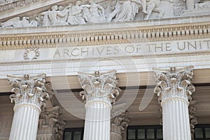 Facade of National Archives building in Washington DC