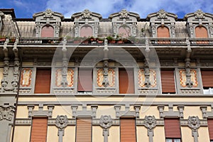 Facade of a neoclassical palace in La Spezia, Italy.