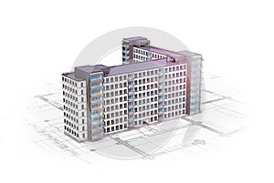 Facade of new high-rise buildings located on the architectural plan. photo
