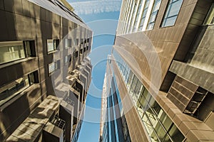 The facade of the new residential high-rise buildings against the sky .