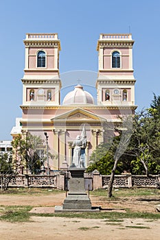 Facade of the Notre Dame de Agnes church in Pondicherry in Tamil Nadu, South India