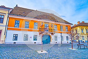 Facade of Obudai Muzeum, located on Fo Ter square in Budapest, H