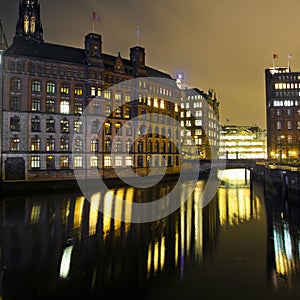 Facade of office building by night