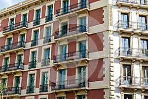 Facade of old apartment buildings in el Eixample, Barcelona, Catalonia, Spain