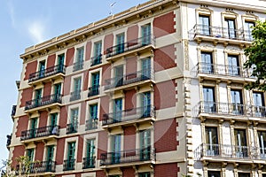 Facade of old apartment buildings in el Eixample, Barcelona, Catalonia, Spain