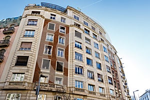 Facade of old apartment buildings in el Eixample, Barcelona, Catalonia, Spain