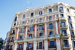 Facade of old apartment buildings in el Eixample, Barcelona, Catalonia, Spain