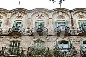 Facade of old apartment buildings in el Eixample, Barcelona, Catalonia, Spain