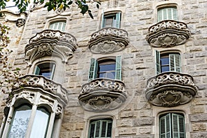 Facade of old apartment buildings in el Eixample, Barcelona, Catalonia, Spain