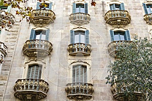 Facade of old apartment buildings in el Eixample, Barcelona, Catalonia, Spain