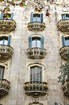 Facade of old apartment buildings in el Eixample, Barcelona, Catalonia, Spain