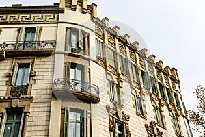 Facade of old apartment buildings in el Eixample, Barcelona, Catalonia, Spain