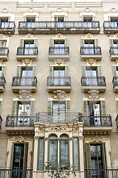 Facade of old apartment buildings in el Eixample, Barcelona, Catalonia, Spain