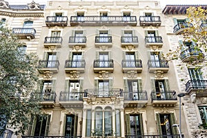 Facade of old apartment buildings in el Eixample, Barcelona, Catalonia, Spain