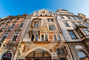 Facade of old buidlings at Town Square (Staromestske Namesti). P