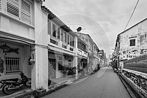 Facade of the old building located in UNESCO Heritage Zone in George Town, Penang, Malaysia