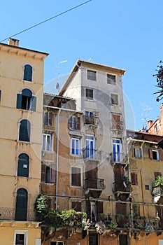 Facade of an old buildings at Piazza della Erbe in Verona