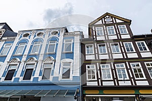 Facade of old classic buildings in Hamelin, Germany