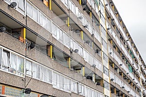 Facade of old council tower block Taplow in Aylesbury Estate in south east London