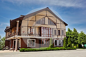 Facade of a old European suburban restaurant building