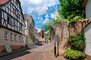 Facade of old historic houses from public area in Gelnhausen