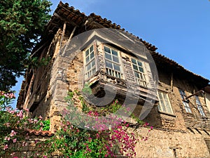 A facade of an old historical abandoned building in Antalya Old town Kaleici, Turkey. Ottoman time architecture. Horizontal stock