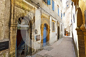 Facade of old houses in the medina of Essaouira, Morocco