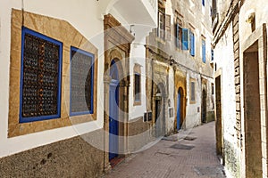 Facade of old houses in the medina of Essaouira, Morocco