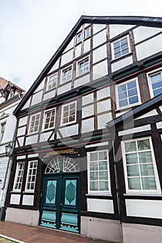 Facade of an old medieval house in Hamelin, Germany