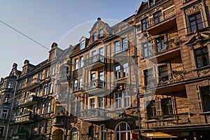 The facade of old red brick building