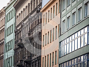 Facade of Old residential buildings from the 1930`s in the city center of Prague, Czech Republic, used for accomodation