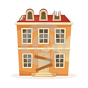 Facade of old residential suburban cottage with door boarded up cartoon vector illustration