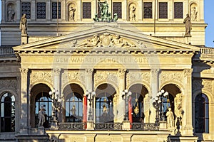 Facade of opera house â€žAlte Oper Frankfurtâ€œ old opera with inscription â€ždem wahren schÃ¶nen gutenâ€œ, translated in