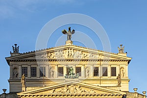 Facade of opera house â€žAlte Oper Frankfurtâ€œ old opera with inscription â€ždem wahren schÃ¶nen gutenâ€œ, translated in