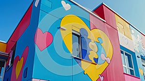 The facade of an orphanage with hearts and puzzles on the wall for children with down syndrome and autism.