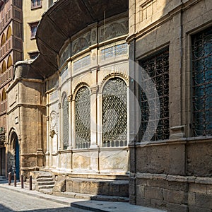 Facade of Ottoman era historic Soliman Agha El Silahdar complex, Moez Street, Old Cairo, Egypt photo