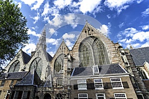 Facade of the Oude Kerk or Old Church in Amsterdam, Netherlands