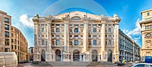 Facade of Palazzo Mezzanotte, stock exchange building in Milan,