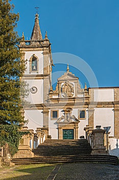The facade of the parish church of Sao Joao Baptista combines the Mannerist and Baroque styles and a prominence of the Baptism of