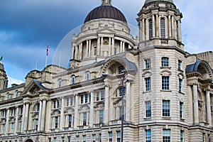 Facade of Port of Liverpool Building or Dock Office in Pier Head, along the Liverpool`s waterfront, England, United Kingdom