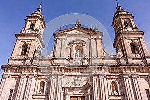 Facade of  The Primada Cathedral of BogotÃÂ¡ stands in the framework of the Plaza de BolÃÂ­var, in the center of the city. Bogota photo
