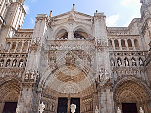 Facade of Primada Santa Maria de Toledo Cathedral. Toledo, Castile La Mancha, Spain.