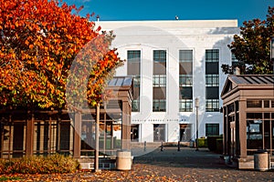 Facade of public service building at Oregon state capitol state park in autumn season