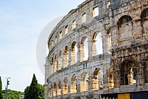 Facade of the Pula Arena, the only remaining Roman amphitheatre entirely preserved, in Pula, Croatia