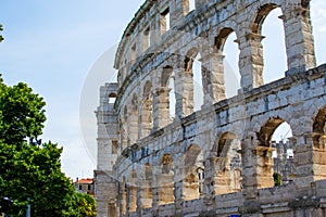 Facade of the Pula Arena, the only remaining Roman amphitheatre entirely preserved, in Pula, Croatia