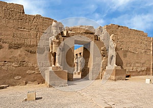 The facade or pylon of the temple of Ramesses III within ghe first court of the Temple of Amun in the Karnak temple complex.