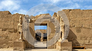 The facade or pylon of the temple of Ramesses III within ghe first court of the Temple of Amun in the Karnak temple complex.